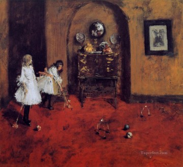 boy playing a violin Painting - Children Playing Parlor Croquet sketch William Merritt Chase